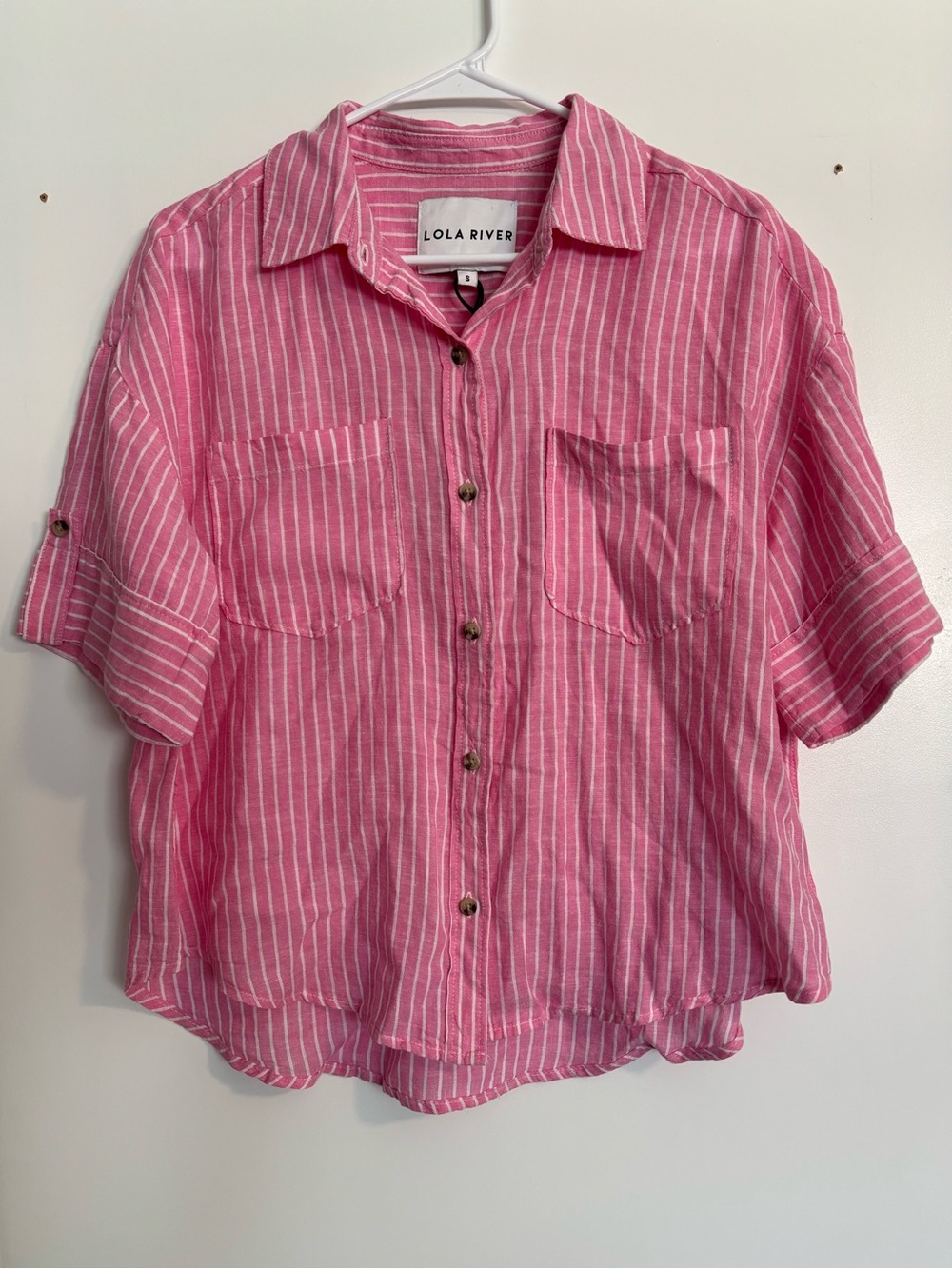 Lola River NYC Pink White Striped Linen Tencel Short Sleeve Button Down Top S